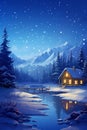 Winter night with a wooden cabin by a creek among snowy pine trees with mountains in the background Royalty Free Stock Photo