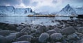 Winter nordic panorama landscape of rocky sea coastal shore Sakrisoy fishing village, Lofoten islands, Norway