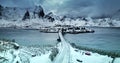Winter nordic panorama landscape of Sakrisoy village, Fredvang bridge, Lofoten islands, Norway