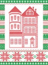 Winter Nordic style and inspired by Scandinavian Christmas pattern illustration in cross stitch including tall gingerbread house