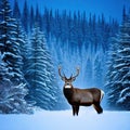 Winter Northern majestic deer in the magical winter night Winter landscape with big beautiful winter Royalty Free Stock Photo