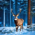 Winter Northern majestic deer in the magical winter night Winter landscape with big beautiful winter Royalty Free Stock Photo