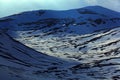 Winter in Norway, Panoramic view of mountain landscape during sunset, pure white snow field, yellow sky, white clouds, Norway. Col Royalty Free Stock Photo