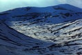 Winter in Norway, Panoramic view of mountain landscape during sunset, pure white snow field, yellow sky, white clouds, Norway. Col