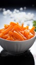 Winter nourishment Frozen cut carrot in white bowl, healthy food