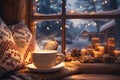 Winter oasis Cup of coffee by the fireplace in a forest Royalty Free Stock Photo
