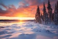 Winter Oasis. Snow-Blanketed Trees, Frozen Lake, and Awe-Inspiring Sunset Spectacle