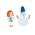 Little Girl Making A Snowman Outside In Winter