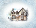 Watercolor winter house with snow in frame Royalty Free Stock Photo