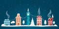 Winter old town street. Night city landscape with decorative old buildings, fir tree and garland. Winter town. Christmas town Royalty Free Stock Photo