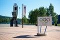 Winter Olympic statues and museum sign, Lillehammer, Norway