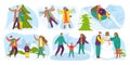 Winter outdoor activities, snow season holidays, vacations vector cartoon illustrations set. Kids making snowman, winter
