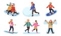 Winter outdoor games. Smiling kids activity spend time in snow, young people snowboarding, sledding and skiing, snowman