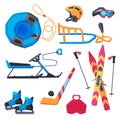 Winter Outdoor Sports and Leisure Equipment Collection, Inflatable Snow Tubing, Sled with Steering Wheel, Skis and