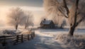 Winter outdoors, nature snow covered rural scene, frosty landscape, foggy fence generated by AI Royalty Free Stock Photo