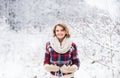 Winter outfit. Snow makes everything outdoors look amazing. Woman warm clothes snowy forest. Nature covered snow