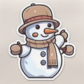 Winter outline sticker with snowman in scarf, Christmas illustration