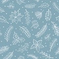 Winter outlined hand drawn branches twigs flowers foliage seamless pattern Royalty Free Stock Photo