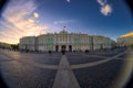 Winter Palace Hermitage, Saint Petersburg, Russia. Fish eye lens creating a super wide angle view. Royalty Free Stock Photo