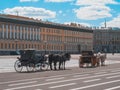Winter Palace Square With Carriage And Horses In Saint Petersburg. Russia