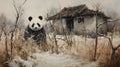 Winter Panda Painting In Rural China Royalty Free Stock Photo