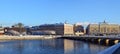 Winter panorama of the capital`s bridge and  stone embankment  of the ducts of Lake Malaren Royalty Free Stock Photo