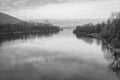 Toce river estuary winter panorama. Black and white photo