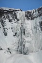 Winter panorama of frozen icicles snow ice covered waterfall Hengifoss in Fljotsdalshreppur East Iceland Europe Royalty Free Stock Photo