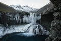 Winter panorama of frozen Innstifoss waterfall icicles behind Fremstifoss and Skutafoss near Hofn South Iceland Europe