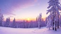 winter panorama landscape with forest, trees covered snow and sunrise. Royalty Free Stock Photo