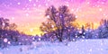 Winter panorama landscape with forest, trees covered snow and sunrise Royalty Free Stock Photo