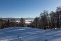 Winter panorama landscape with forest, trees covered snow and sunrise. winterly morning of a new day. winter landscape with sunset Royalty Free Stock Photo