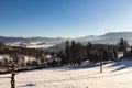 Winter panorama landscape with forest, trees covered snow and sunrise. winterly morning of a new day. winter landscape with sunset Royalty Free Stock Photo