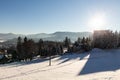 Winter panorama landscape with forest, trees covered snow and sunrise. winterly morning of a new day. winter landscape with sunset Royalty Free Stock Photo