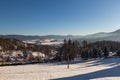 Winter panorama landscape with forest, trees covered snow and sunrise. winterly morning of a new day. winter landscape with sunset Royalty Free Stock Photo