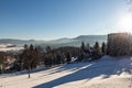 Winter panorama landscape with forest, trees covered snow and sunrise. winterly morning of a new day. winter landscape with sunset Royalty Free Stock Photo