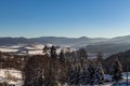 Winter panorama landscape with forest, trees covered snow and sunrise. winterly morning of a new day. winter landscape with sunset Royalty Free Stock Photo