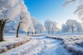 Winter panorama landscape with forest, trees covered snow and sunrise. winterly morning of a new day. Royalty Free Stock Photo
