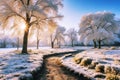 Winter panorama landscape with forest, trees covered snow and sunrise. winterly morning of a new day. Royalty Free Stock Photo