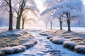 Winter panorama landscape with forest, trees covered snow and sunrise. winterly morning of a new day. Royalty Free Stock Photo