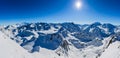 Winter panorama landscape from Mont Fort and famous Matterhorn, Dent d`Herens, Dents de Bouquetins, Weisshorn; Tete Blanche in th Royalty Free Stock Photo