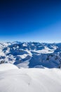 Winter panorama landscape from Mont Fort and famous Matterhorn, Dent d`Herens, Dents de Bouquetins, Weisshorn; Tete Blanche in th