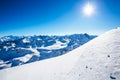 Winter panorama landscape from Mont Fort and famous Matterhorn, Dent d`Herens, Dents de Bouquetins, Weisshorn; Tete Blanche in th Royalty Free Stock Photo