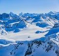 Winter panorama landscape from Mont Fort and famous Matterhorn, Dent d`Herens, Dents de Bouquetins, Weisshorn; Tete Blanche in th Royalty Free Stock Photo