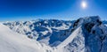 Winter panorama landscape from Mont Fort and famous Matterhorn, Dent d`Herens, Dents de Bouquetins, Weisshorn; Tete Blanche in th