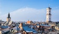 Winter panorama - landscape of old town with red roof