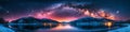 winter panorama with milky way in night starry sky against a colorful bright background of lake and snowy mountains Royalty Free Stock Photo