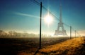 Winter panorama in the morning with fog and Eiffel Tower
