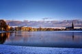 Winter panorama from the old town at Pfaffenteich lake in Schwerin Royalty Free Stock Photo