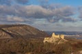 Winter panorama of Palava with Sirotci hradek and Devicky ruins, Devin transmitter in background. South Moravia under dramatic Royalty Free Stock Photo